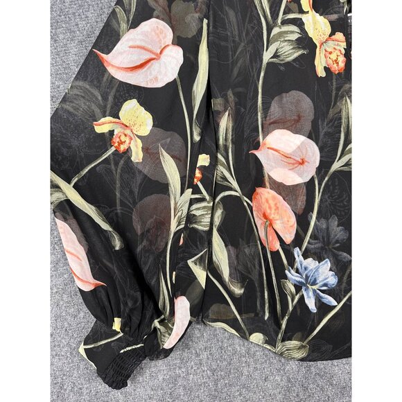 NEW White House Black Market Black Floral Blouse MED Sheer Lined Balloon Sleeve - Picture 10 of 13